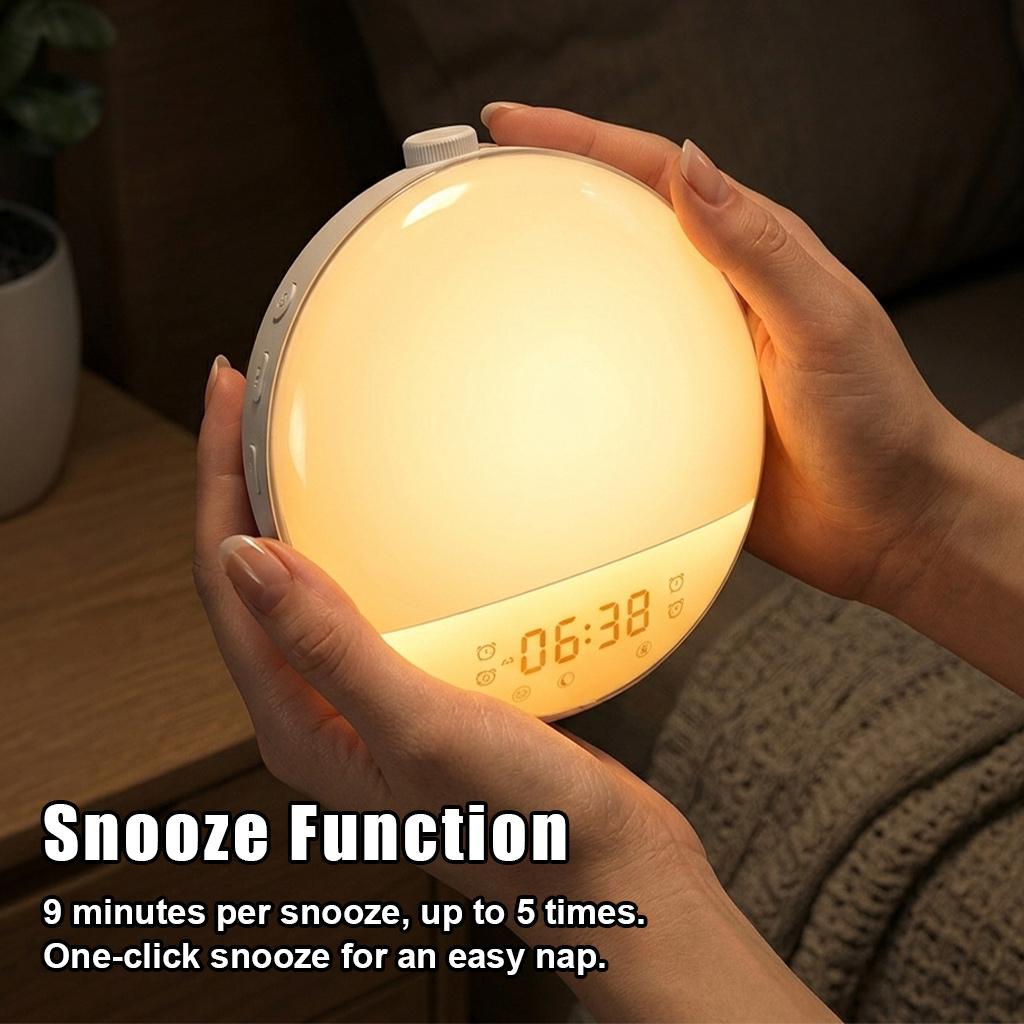 Sunrise Simulation Alarm Clock Wake Up Light 7 Natural Sounds 8 Sleep Music FM Radio Dual Alarms Snooze Colorful RGB Ambient Light