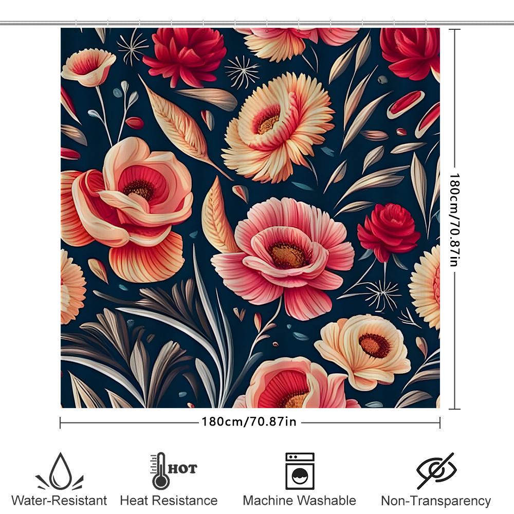Vibrant Floral Shower Curtain Dark Blue Background With Pink White Flowers Pattern Decorative Bath Shower Curtain Set For Bathro