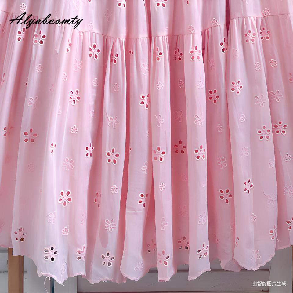 Mori Girl Spring Summer Women Pink Midi Skirt Elastic Waist Embroidery Sweet Chic Skirt Hollow Out Elegant Feminine Skirts