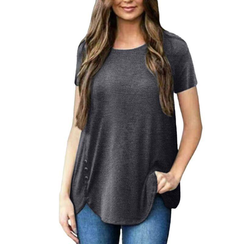 

2026 Summer Women s T-Shirt Wish New Short-Sleeve Button Round Neck Top S темно-серого