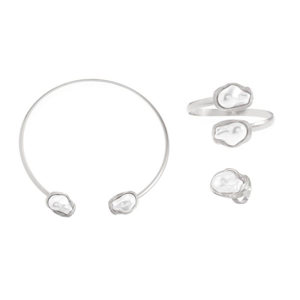 

4Pcs Irregular Clavicle Chain Set Exaggerated Necklace Bracelet Ring Suit Vintage Jewelry Suit Gift серебряный