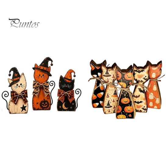 Rustic Wooden Cat Ornaments Ornament, Vintage Halloween/Flower Wood Tabletop Signs, Festive Party Table Centerpieces Distressed Animal Figurines