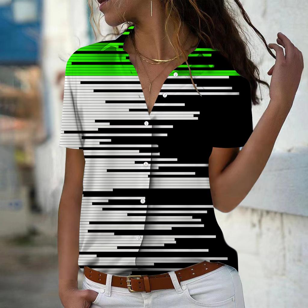 2025 Summer New Fashion Women's Stripe Printed Short Sleeve V-neck Casual Button-down Shirt Top