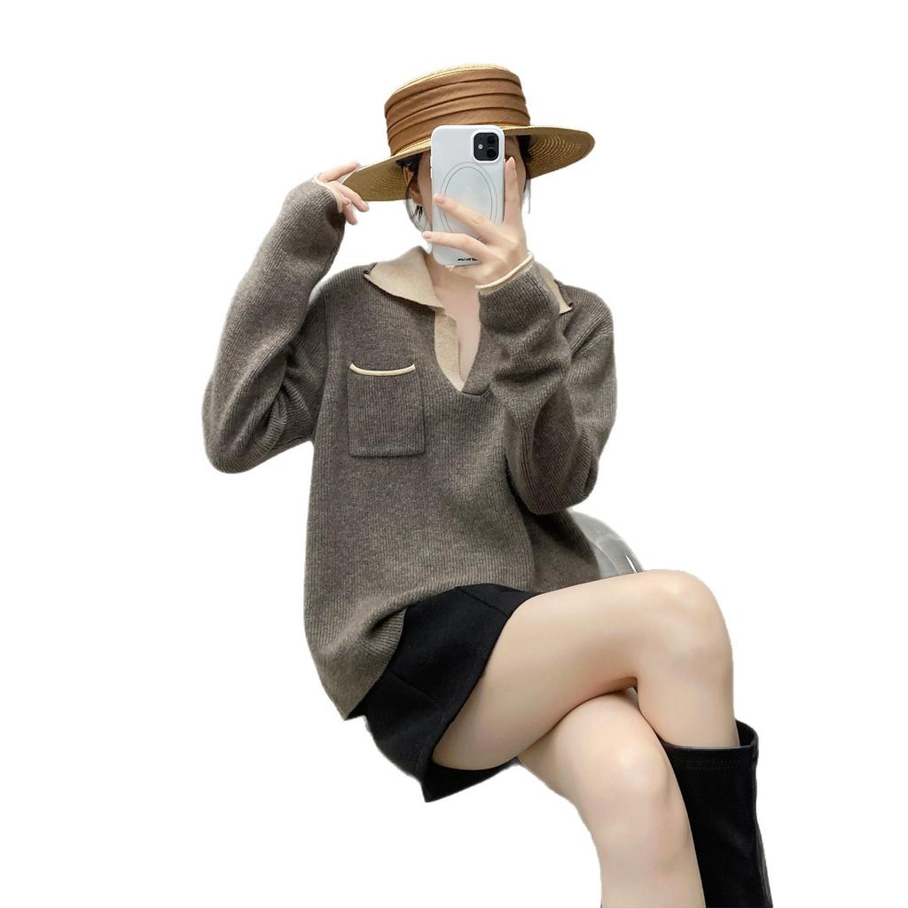 Polo Neck Sweater Women Loose Wear Autumn And Winter New Lazy Style Korean Version Solid Color Pullover V Neck Cashmere Sweater