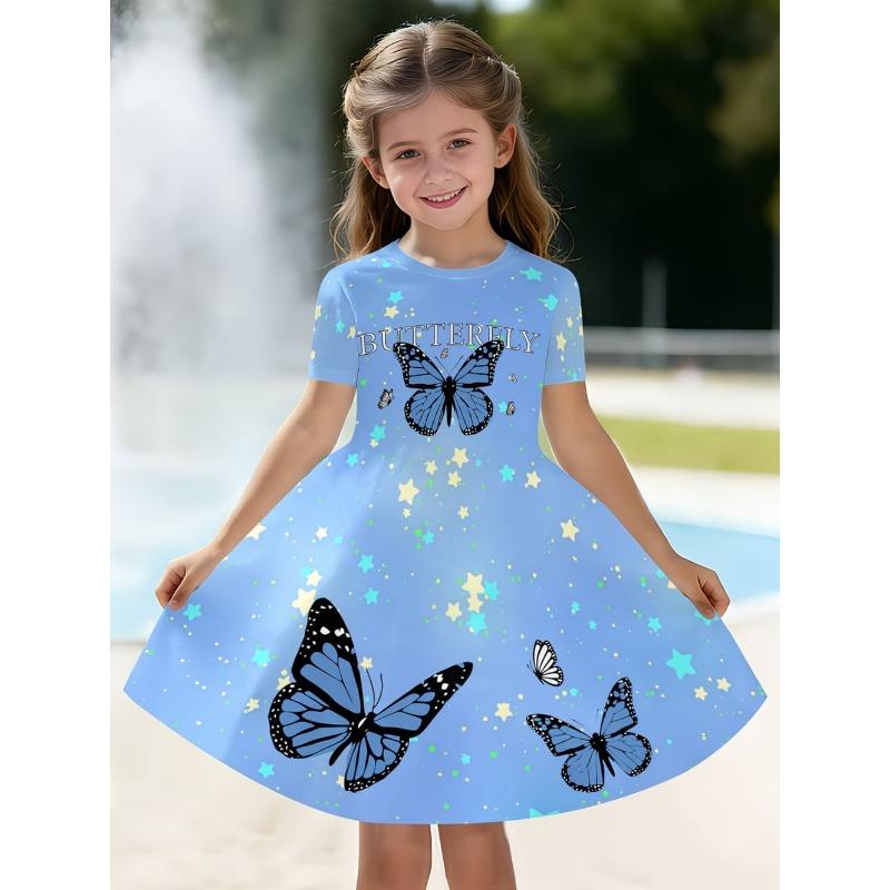 Dress for Girls Fashion Cowboy Print Fake Two-Piece Set Short Sleeve Summer Dresses Casual Round Neck A-Line Dress Girl Clothes