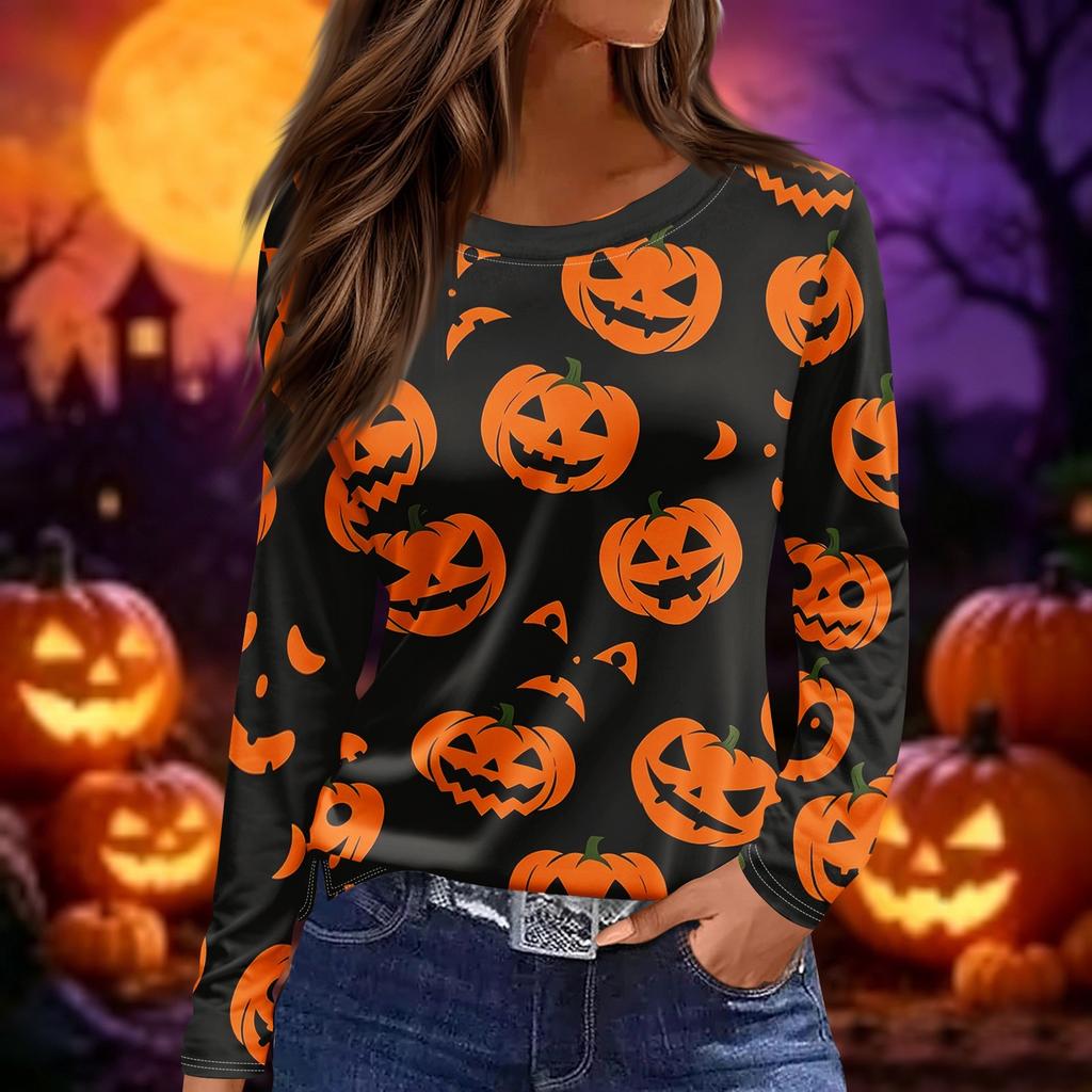 Women Fashion Long Sleeve Crew Neck Top Halloween Print Split Hem Casual Blouse Lightweight Comfortable Fit