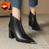 Fashion Black Leather Heeled Fleece-Lined Woman Short Shoes Autumn Winter Pointed Toe Ankle Boots for Women Designer Luxury Goth Booties