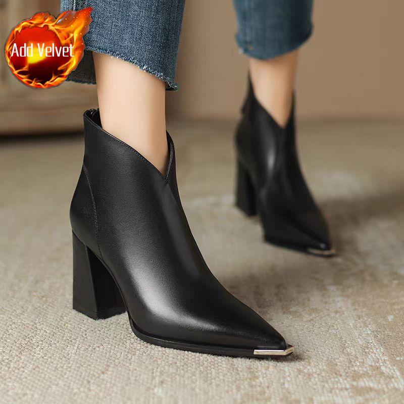 Fashion Black Leather Heeled Fleece-Lined Woman Short Shoes Autumn Winter Pointed Toe Ankle Boots for Women Designer Luxury Goth Booties