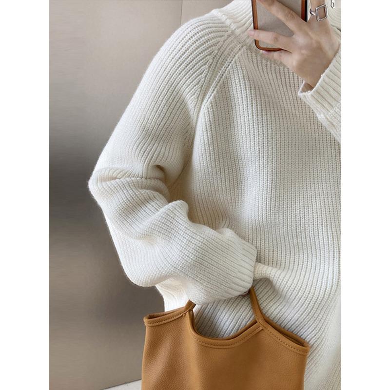 Lazy Style High Neck Zipper Solid Color High-end Knitted Sweater for Outerwear, Loose Long Sleeved Warm Top for Outerwear