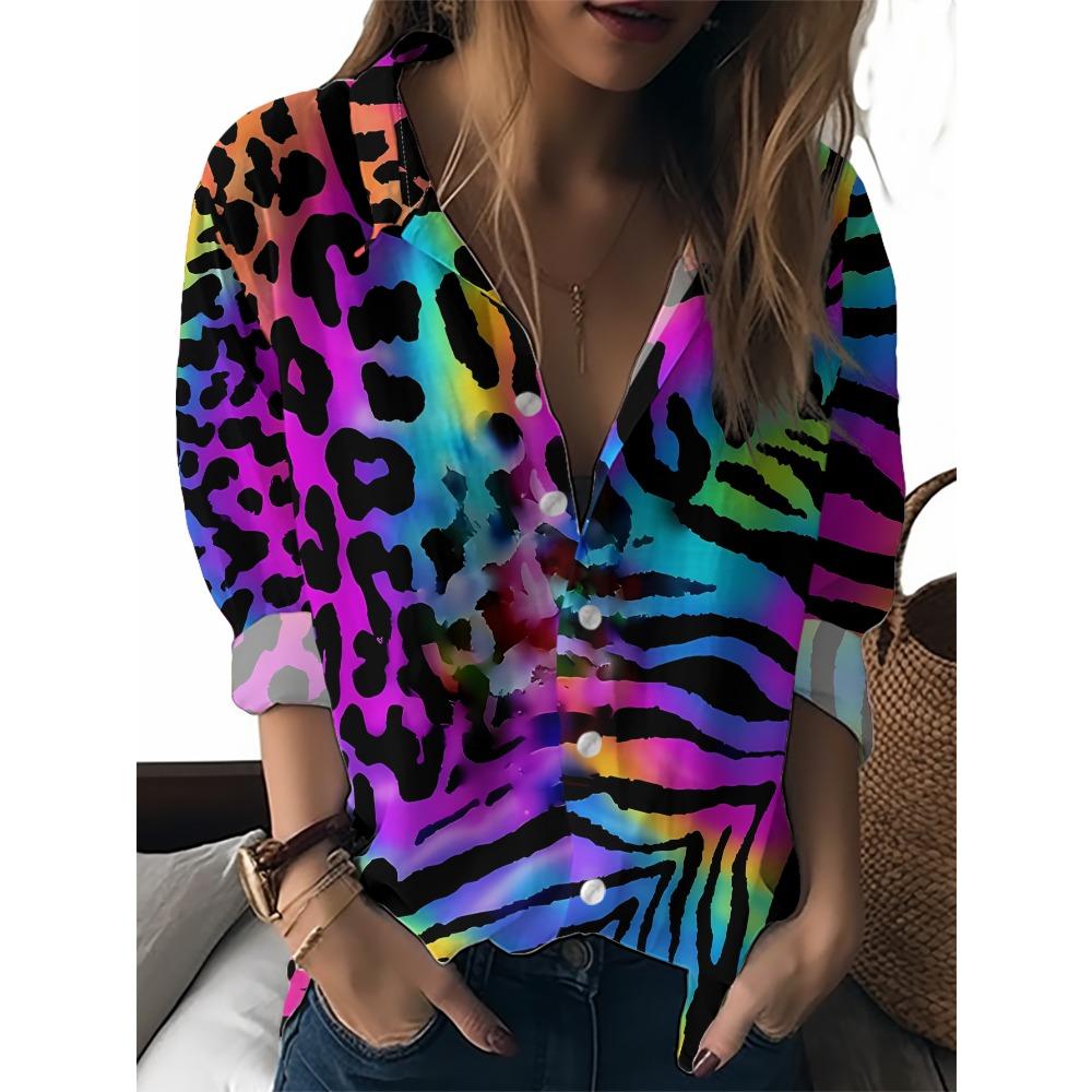 Sommer Minimalistisches Hemd mit Digitalem Blumenprint Knopfleistenhemd Oberteil für Damen Hawaiianischer Strandurlaub Lässiges Hemd