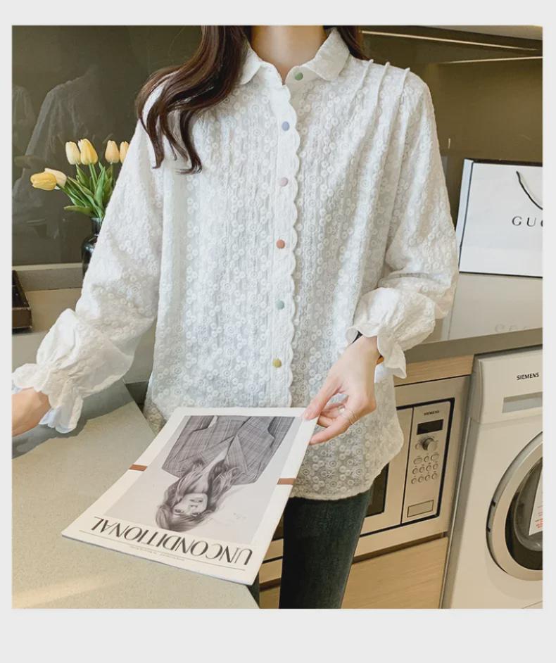 Embroidered White Cotton Lapel Shirt, Women's Long Sleeve Spring 2025 - Sweet, Stylish Design