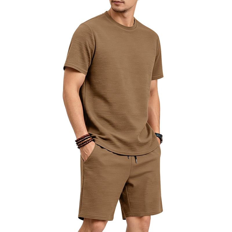 Men Casual Loose Textured Short Sleeve T Shirt And Shorts Two Piece Set
