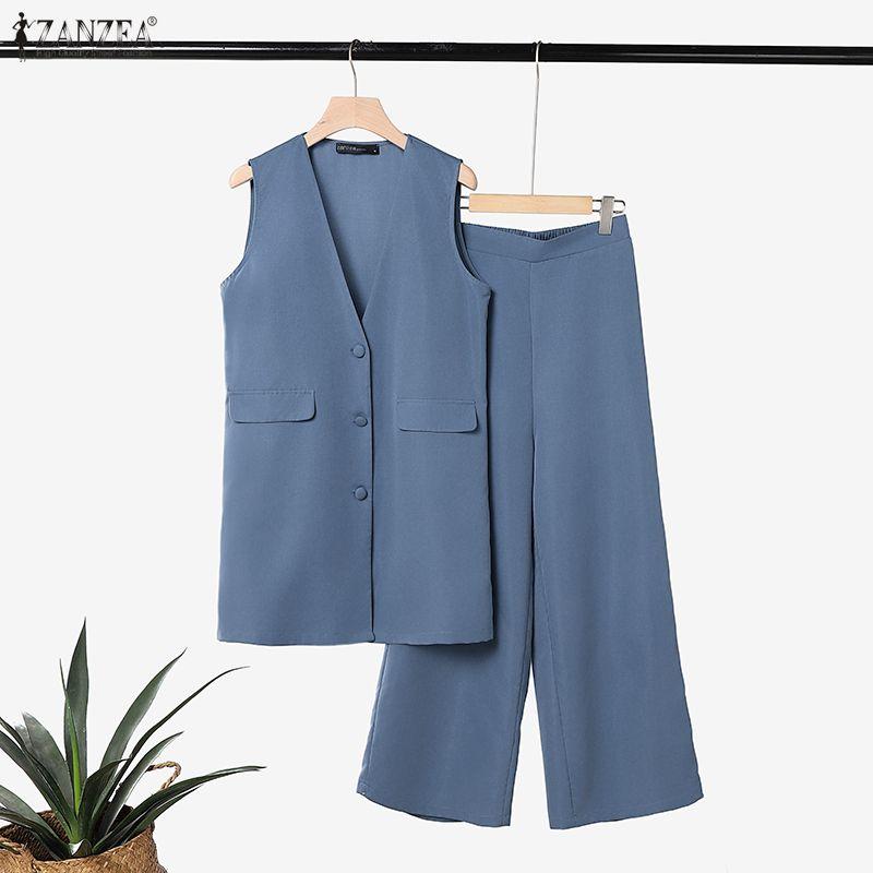 ZANZEA Women Sleeveless Long Vest and Long Pants Casual Two Piece Suit Sets