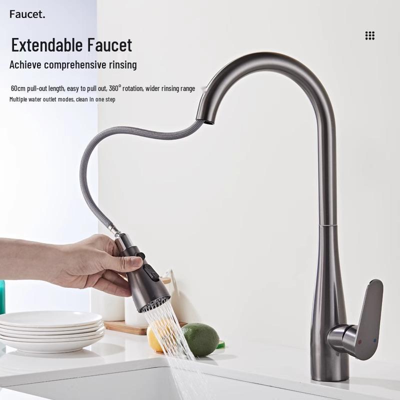 Universal Rotating Kitchen Faucet with Pull-out, Anti-splash, Hot/Cold Function for Sink and Balcony Use