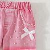 Baby Girls 2-Piece Outfit, Ribbed Ruffle Neck Top and Embellished Denim Shorts
