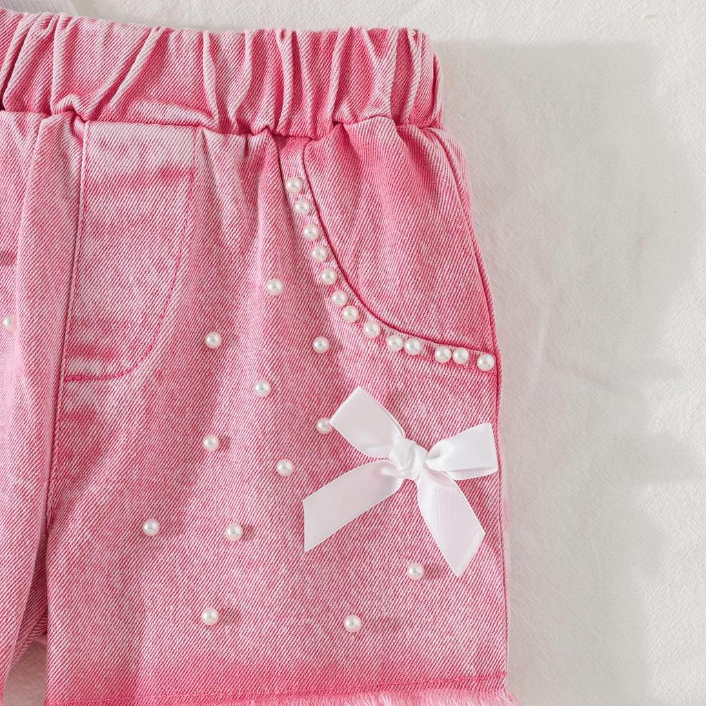 Baby Girls 2-Piece Outfit, Ribbed Ruffle Neck Top and Embellished Denim Shorts