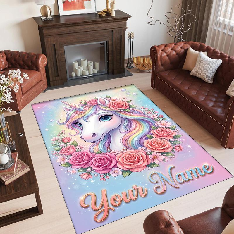 Alfombra de Suelo de Terciopelo de Cristal con Temática de Unicornio, Alfombra Cálida Personalizada con Nombre y Texto, Decoración del Hogar