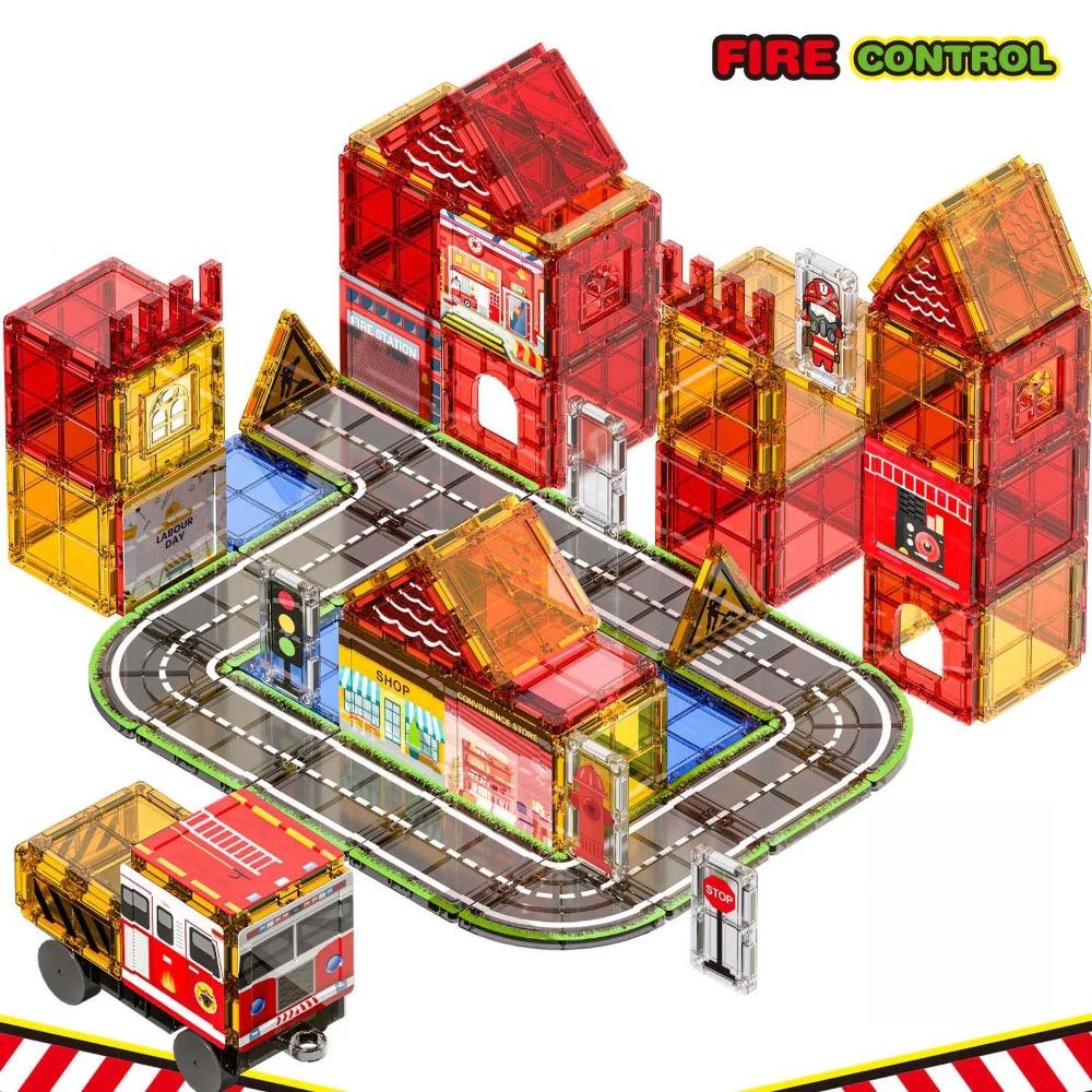 Magnetic Building Blocks Firefighting Theme Magnet Tiles with Fire Truck & Station Kids Montessori STEM Educational Sensory Toys