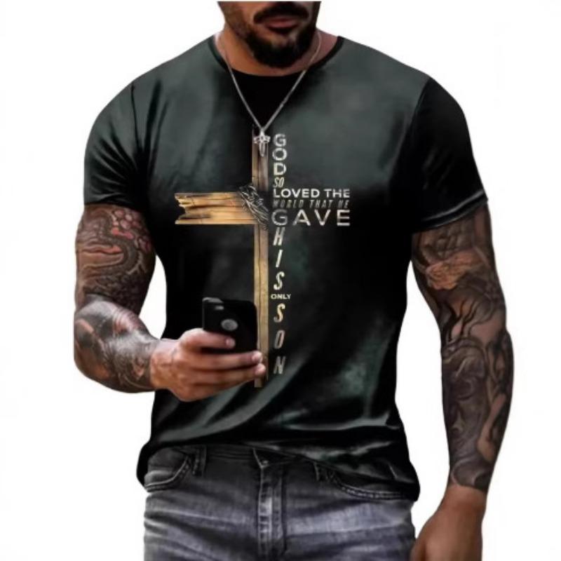 Camiseta Minimalista de Cruz de Fe para Hombre Manga Corta Casual para el Uso Diario