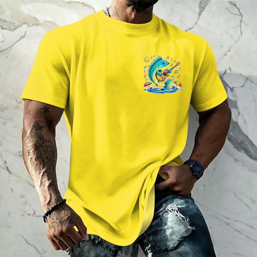 Men's Vintage Textured Print Short Sleeve T Shirt Loose Fit Casual Summer Daily Wear Top with Graphic Fish Design