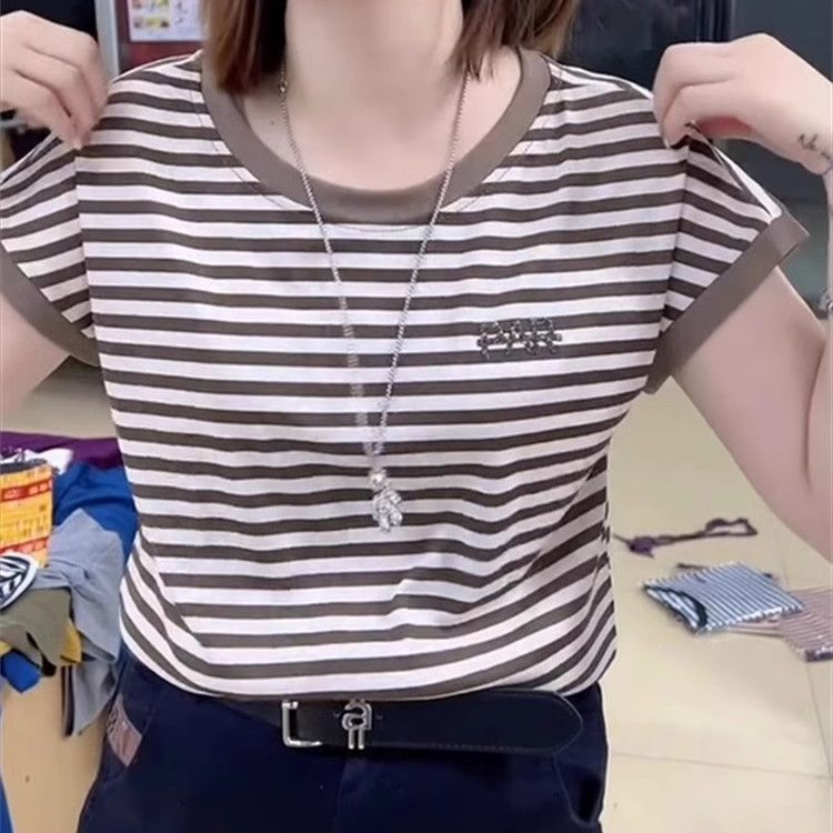 

Летняя футболка с полоску с коротким рукавом и круглым вырезом в повседневном стиле, дышащая для носки каждый день, маленький пуловер, вязаный свитер контрастного цвета, женский M