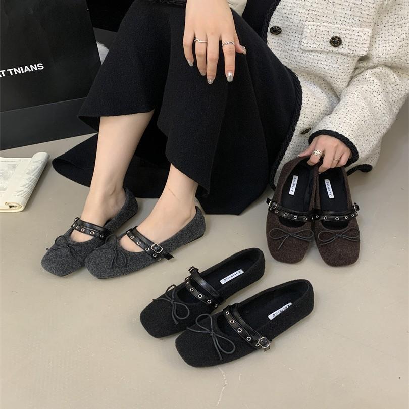 Winter 2025 New Bow Fairy Style Versatile Fashion Simple Word with Soft Sole Square Head Mary Jane Shoes