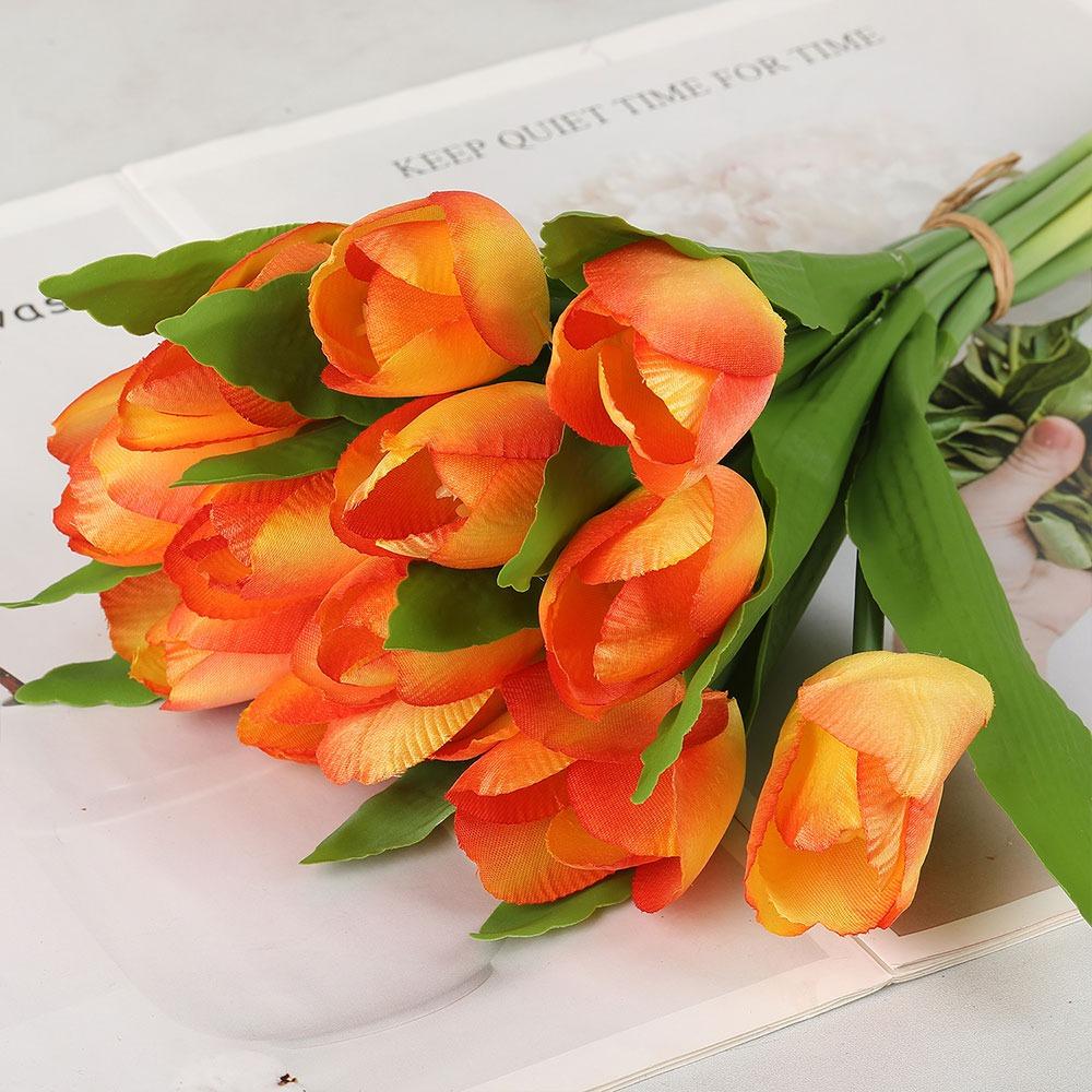 12 Heads Tulip Artificial Flower Green Leaves Silk Petals Simulation Tulip Flower DIY Photo Props Faux Flower Desktop Ornament
