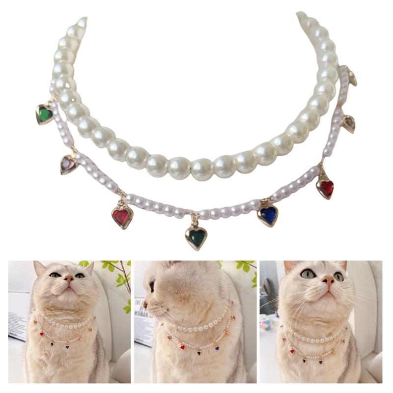 Cats Dog Pearls Collar,Heart Rhinestones Pet Necklaces,Adjustable Party Wedding Pet Jewelry Accessories for Puppy Cats