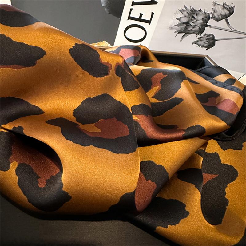 Women Silk Leopard Print Square Scarf Luxury  Female Beach Stoles Echarpe Satin Headband Shawl Wraps Bandana