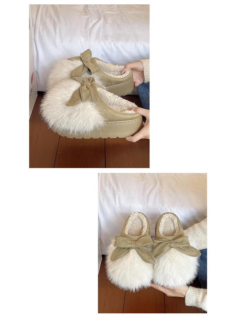Women's Furry Bow Cotton Slippers: Thick-Soled, Velvet-Lined, Warm, Non-Slip for Autumn & Winter Indoors