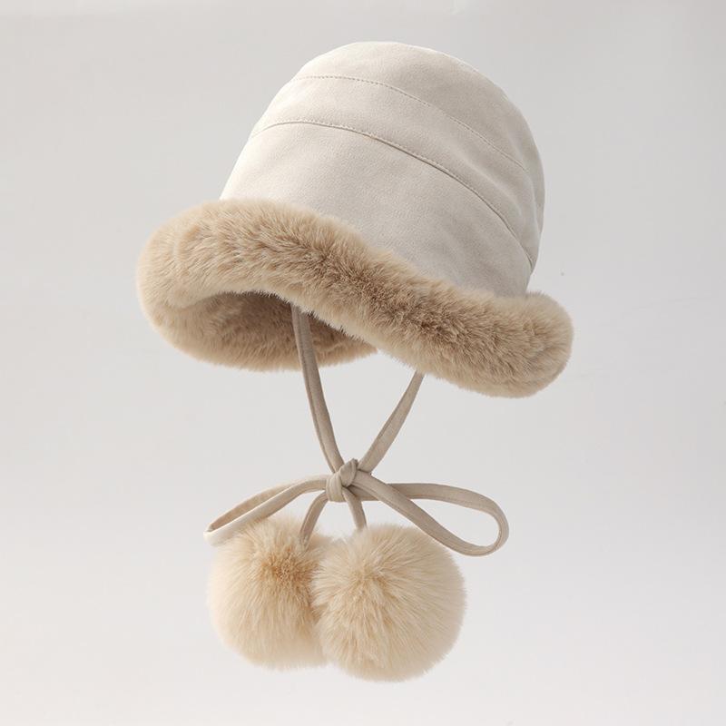 Cute Fur Ball Suede Fisherman Hat for Women In Autumn and Winter Thickened Velvet Warmth and Cold Protection Ear Protection Hat Plush Pot Hat