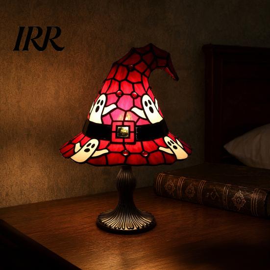Soft Warm Bedside Lamp Stained Glass Witch Hat Lamp, Handcrafted Retro Resin USB Powered Gothic Fantasy Colored Wizard Hats Night Light,