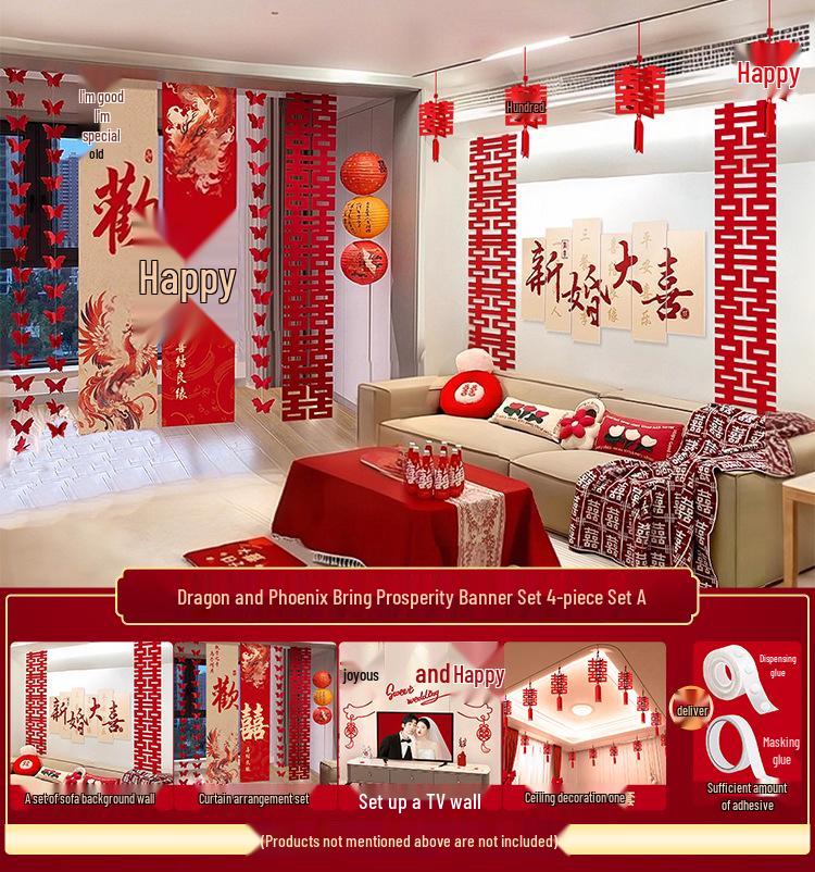 Double Happiness Wedding Room Cloth Banner Set for Ceremony and Hotel Décor