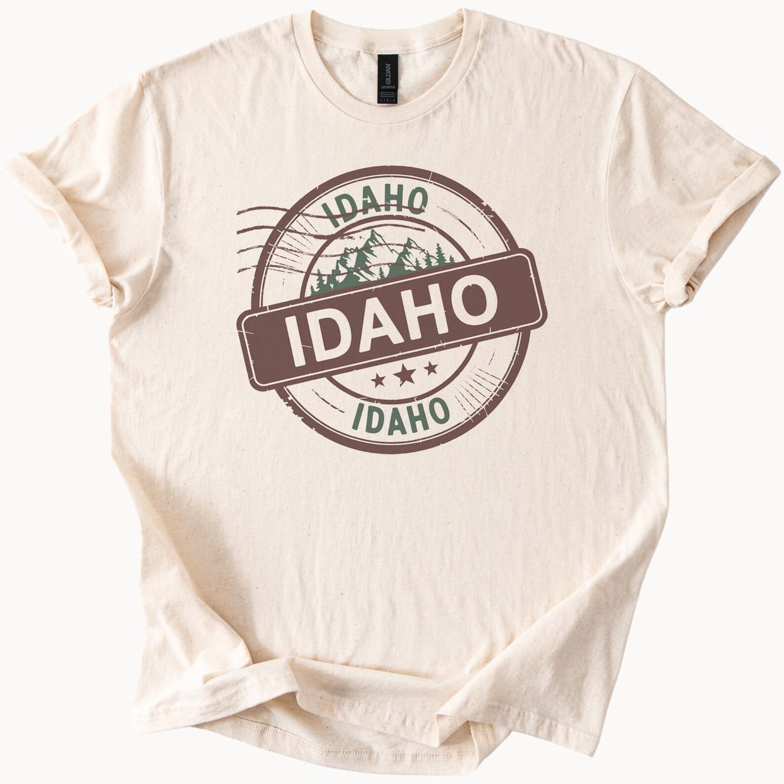 Idaho Graphic T Shirt Mountain Forest Stamp Design Nature Inspired Idaho State Tee Outdoor Adventure Shirt Gift for Idaho Lovers 150
