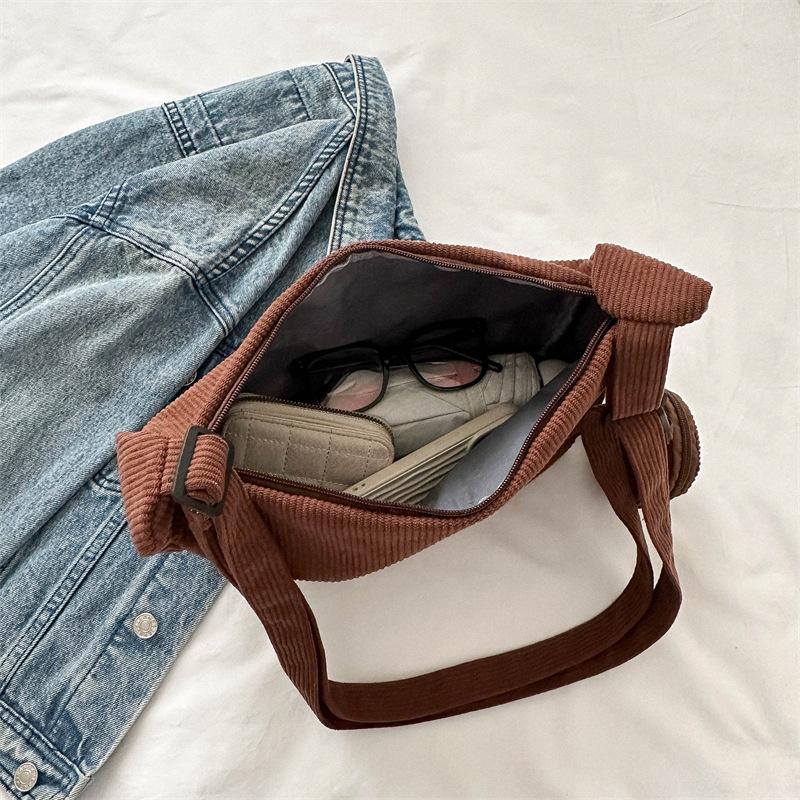 Tide Shoulder Bag Women'S Japanese Corduroy Students Commute In Class Versatile Large-Capacity Messenger Tote Bag