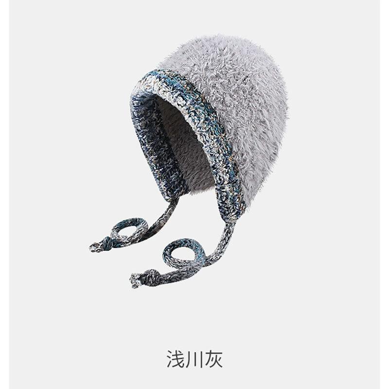 Fashion plush hat for women, small face in autumn and winter, big head circumference, ear protection, wool hat, outdoor warm and sweet knitted hat