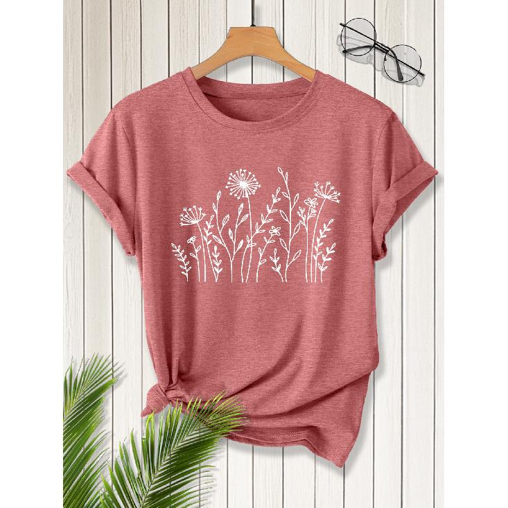 2026New SpringSummer Women's Round Neck Line drawings of various wildflowers Dandelion Lace flowers etc Printed Short Sleeve T