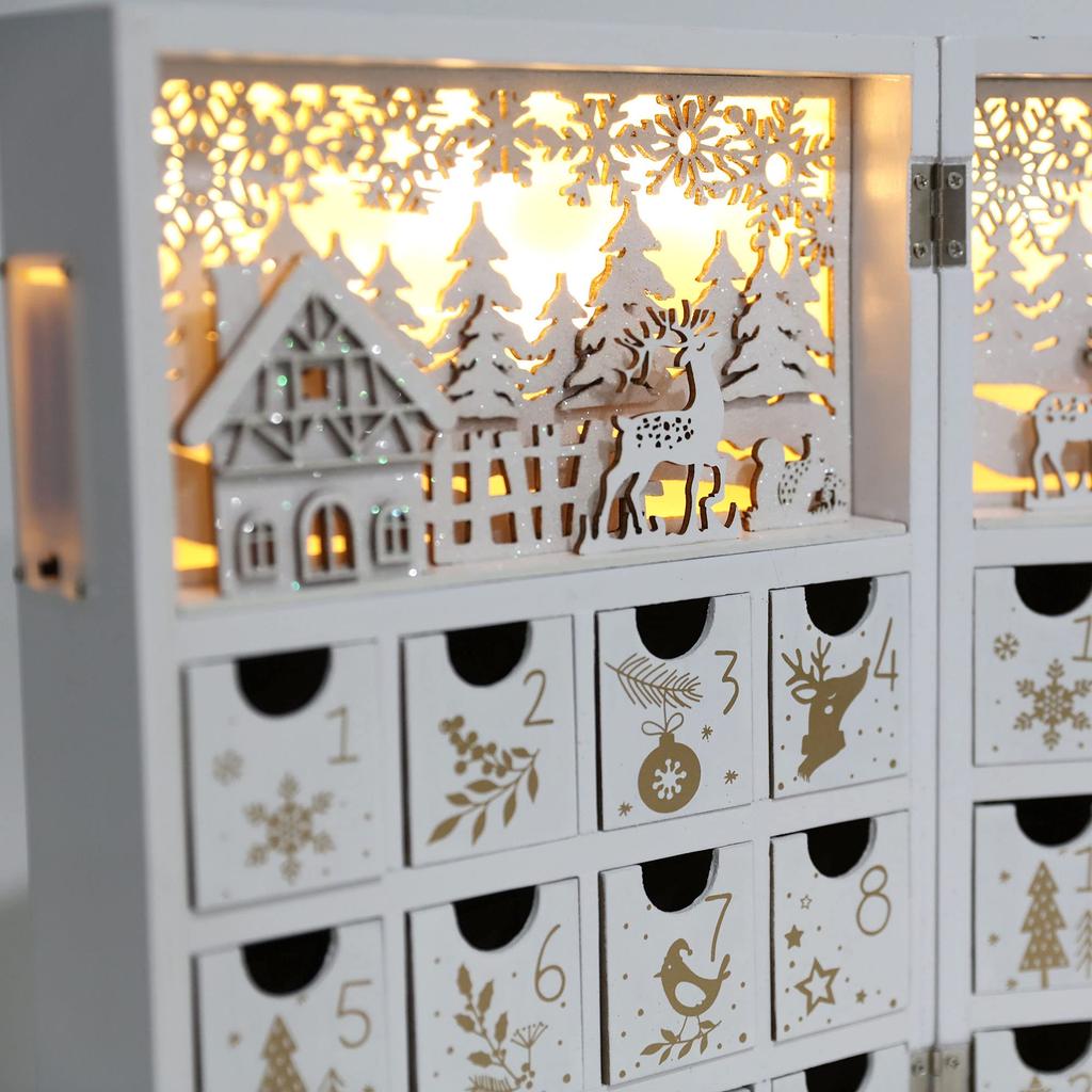 Wooden Christmas Advent Calendar with 24 Drawers and LED Reusable Christmas Countdown Candy Christmas Advent Scene for Kids and Chocolate Christmas