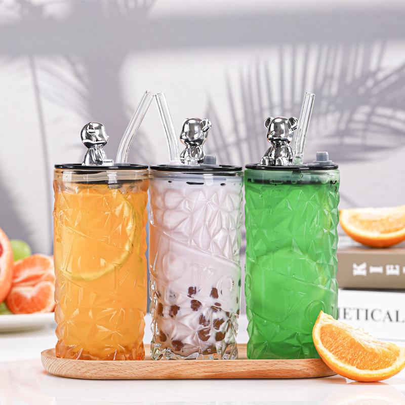 Ins Glass Love Straw Cup with Lid - Portable Diamond Bear Design for Office & Cold Brew Coffee