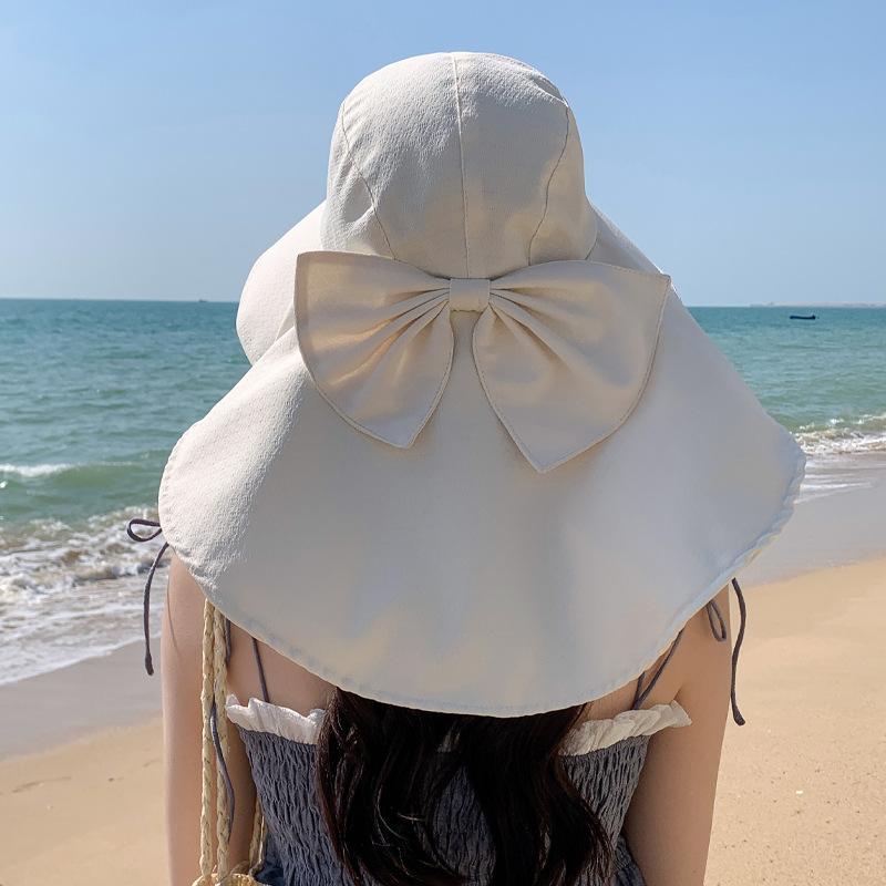 Summer new hat women's neck protection shawl hat sunshade sun protection hat bow bucket hat advanced sense