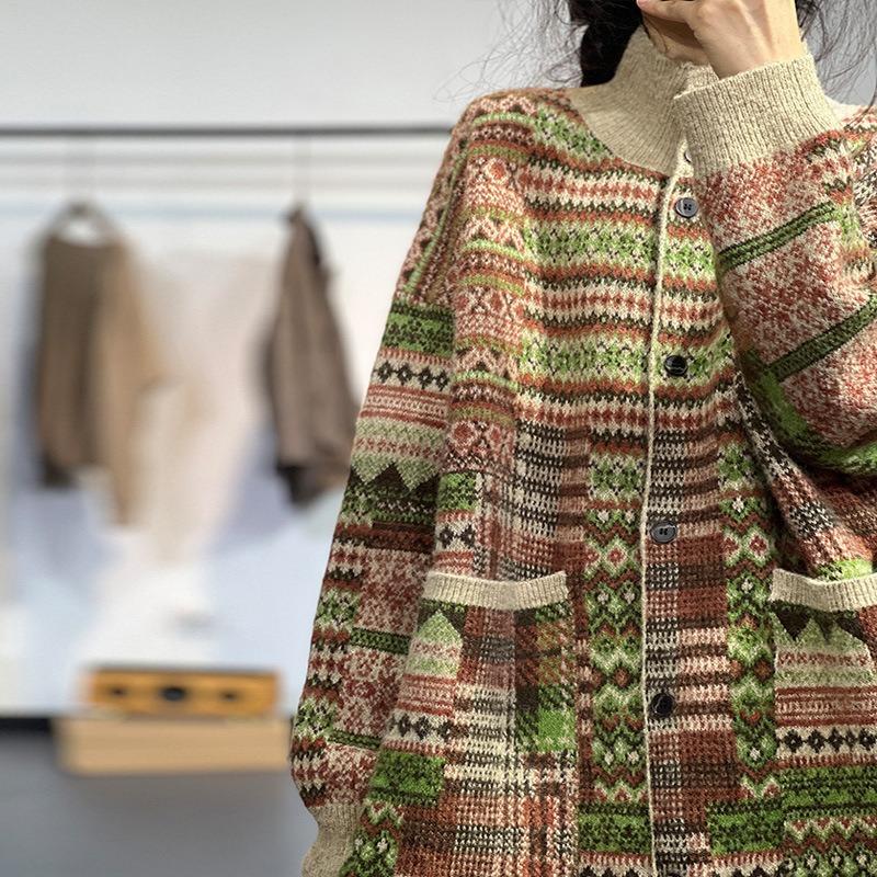Literary and artistic contrasting color long sweater women's autumn and winter lazy knitted cardigan loose sweater big coat