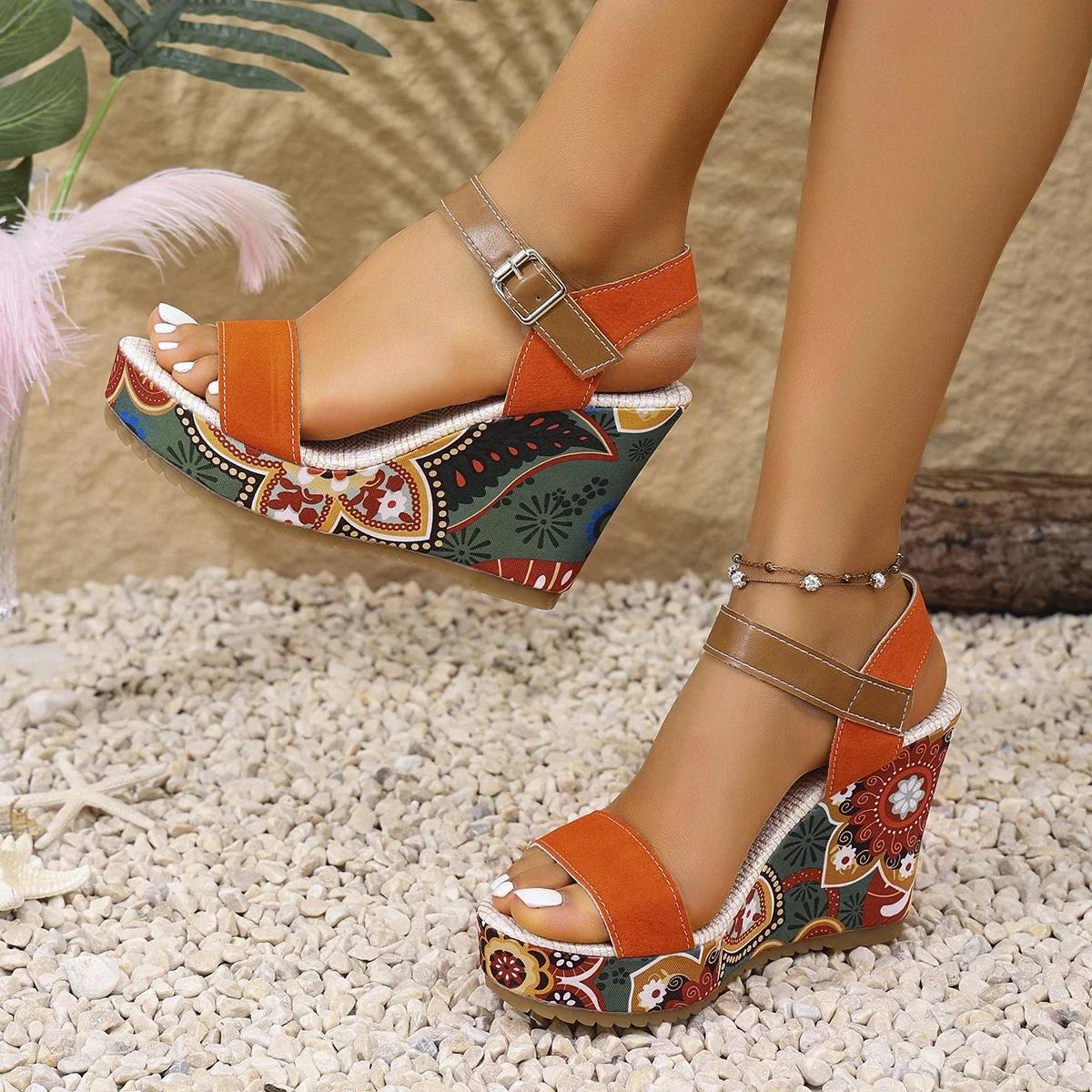

Fashion Women Wedges Sandals Print Random Platform Slippers 2025 New Summer Fashion Sandals Women Walking High Heels Shoes for Women 35 помаранчевий