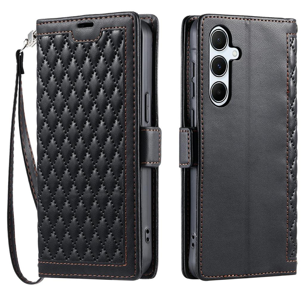 For Samsung Galaxy A16 5G/4G Leather Case Rhombus Texture Wallet Stand Phone Cover with Wrist Strap