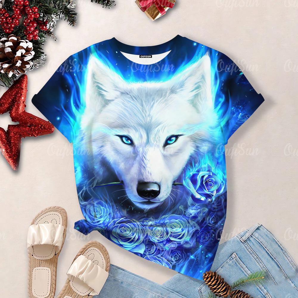 Nové dámské tričko s potiskem 3d Wolf Topy nadměrné velikosti Košile s kulatým výstřihem a krátkým rukávem Módní návrhářka Oblečení Madam Denní ležérní trička