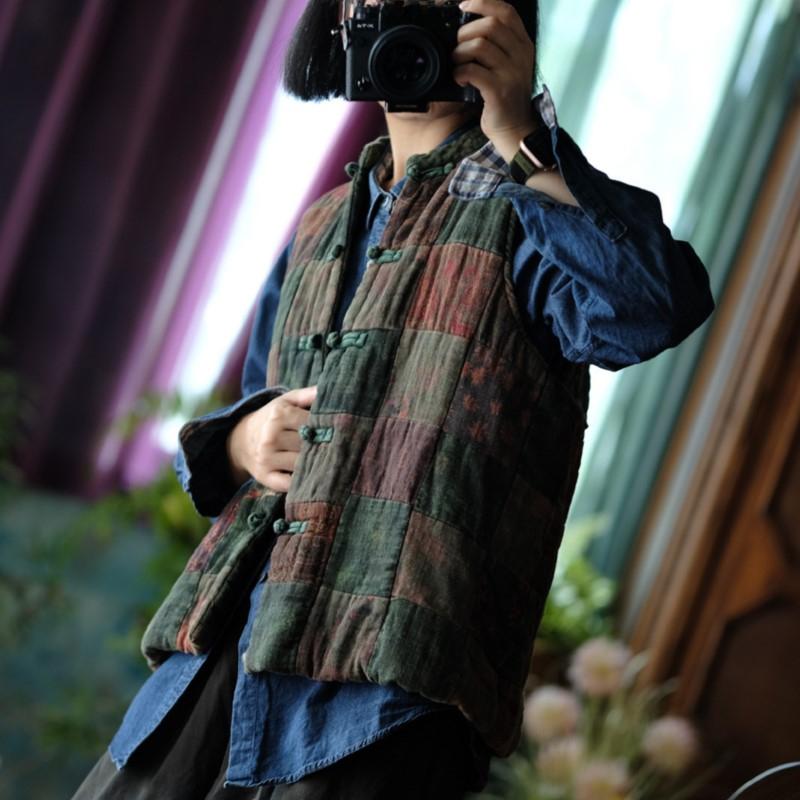 Johnature Dámské vintage patchworkové barevné vesty kabáty knoflík stojáček čínský styl oblečení podzimní vesty kabáty