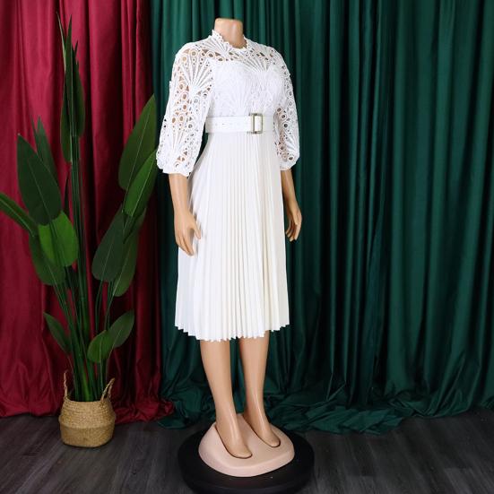 Women's 45720 Sleeve Lace Crochet Midi Dress Hollow Out Eyelet Pleated Swing Dress Fall Casual