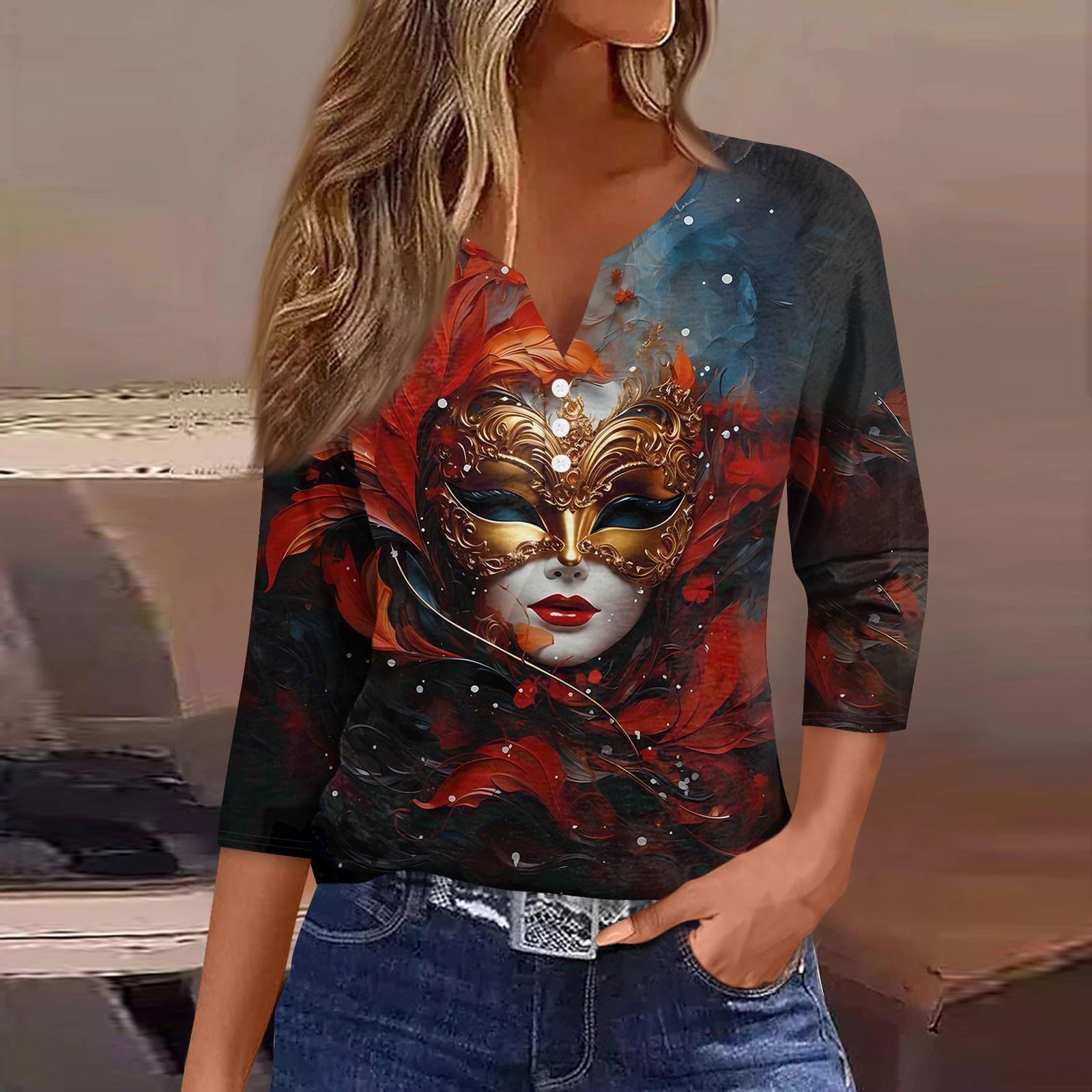 

Женская футболка с принтом карнавальной маски и V-образным вырезом, повседневная, с рукавами 3/4, на пуговицах XXXL