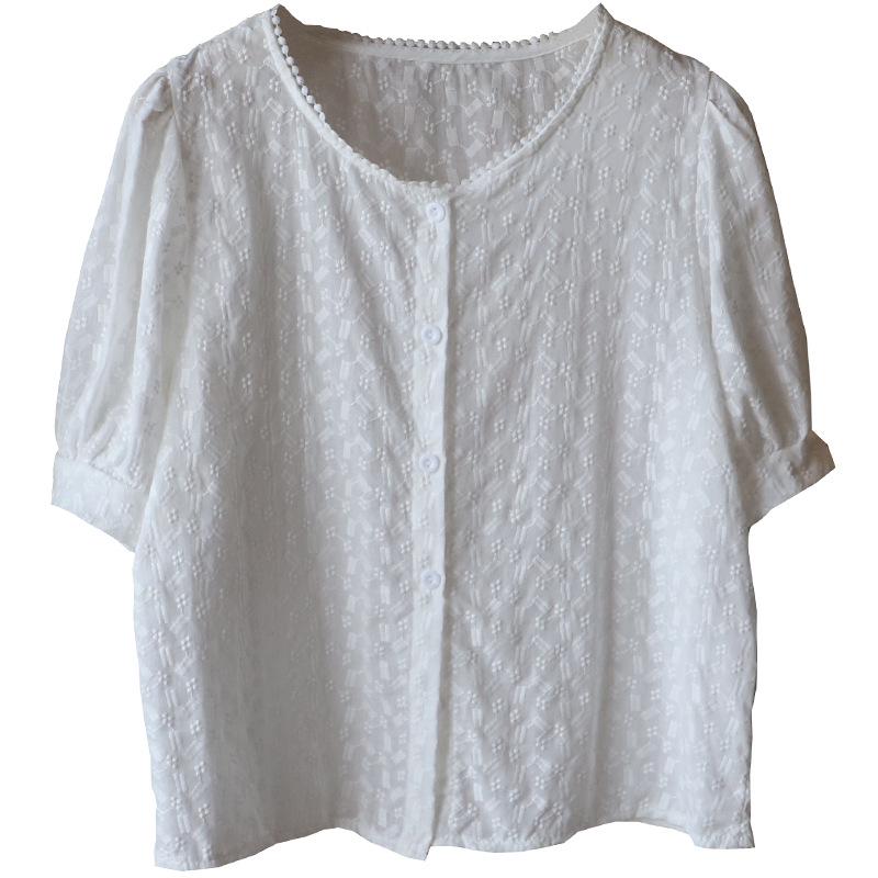 Bi Zheng 2025 Summer Korean Lace Embroidered Bubble Sleeve Women's Shirt