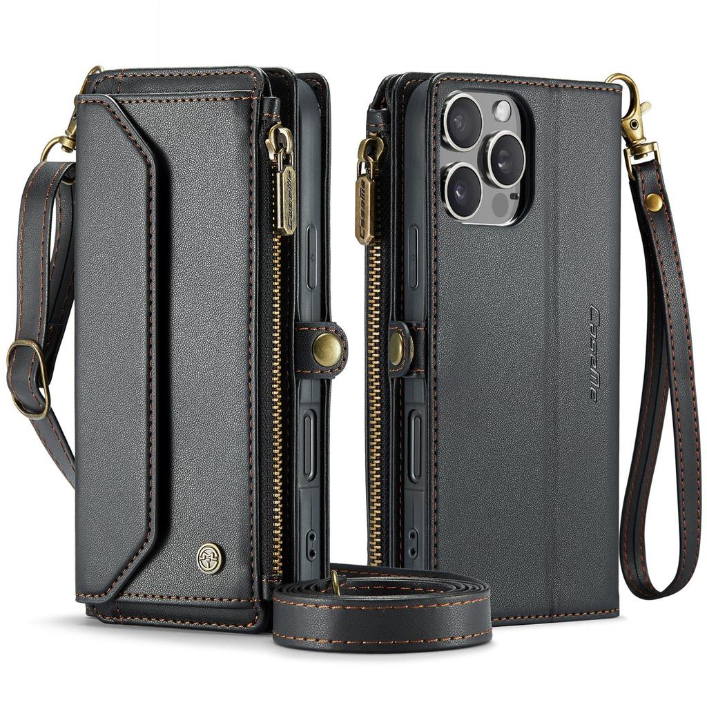 CaseMe (C36) Crossbody Wallet Case For iPhone 13 14 15 16 Pro Max Zipper Wrise Multi-functional Flip PU Leather Card Slots Holder Cover Protector