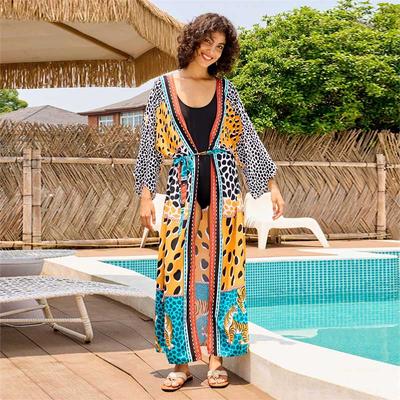EDOLYNSA Leopard Printed Women's Plus Size Belted Kimono Dress Sexy Swimsuit Cover-ups House Robe Vacation Boho Party Bathrobe Outfit Q1414